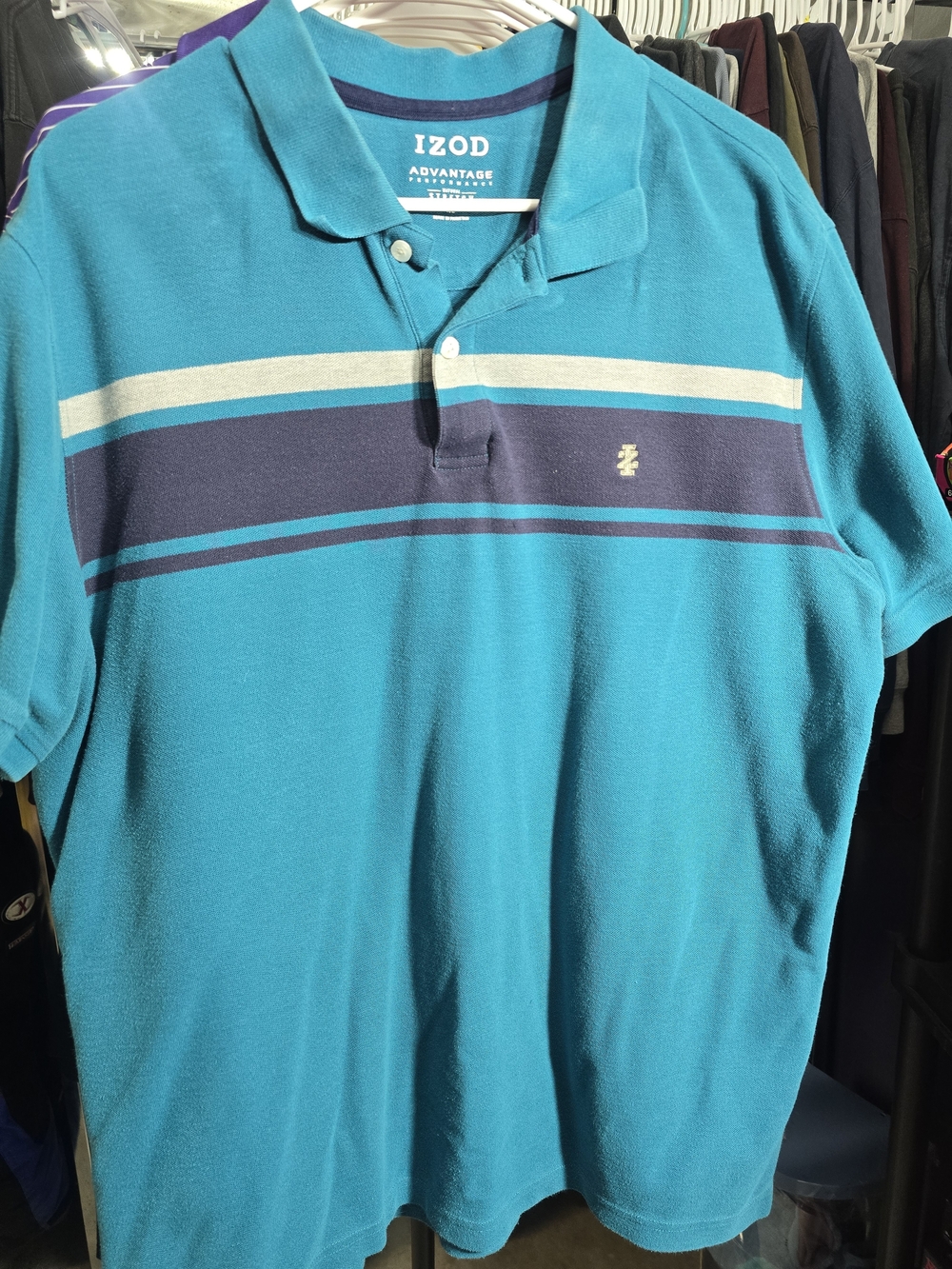 Izod Teal Polo Advantage Performance, with Navy and Cream Stripes